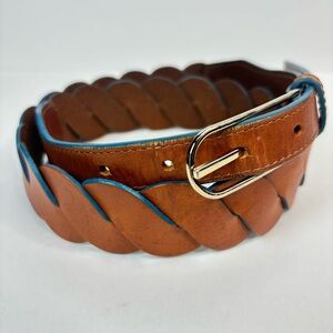 Linea Pelle Chestnut Brown Teal Blue Boho Braided Leather Belt Curved Buckle M/L